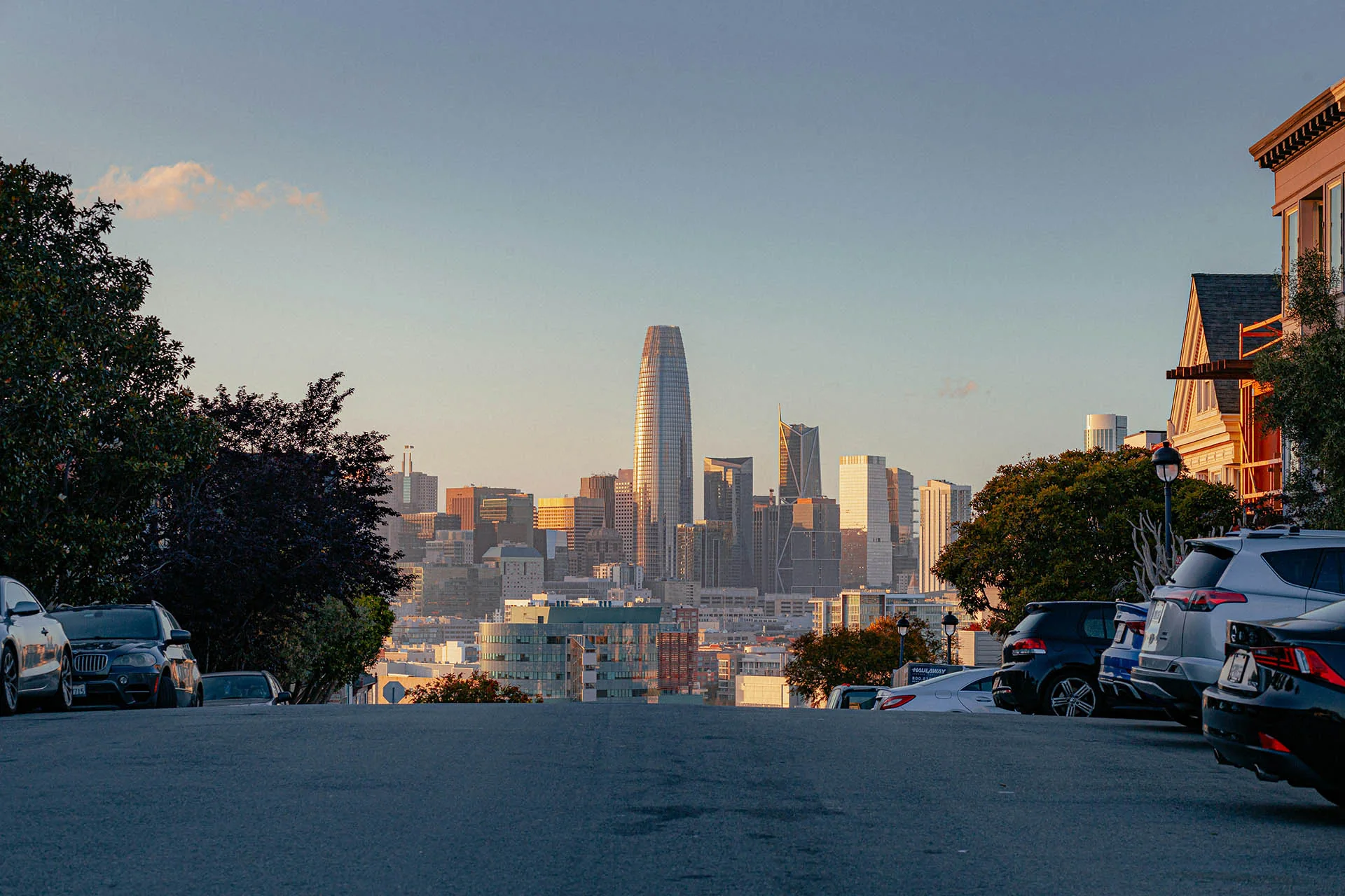 San Francisco neighborhood and skyline at golden hour